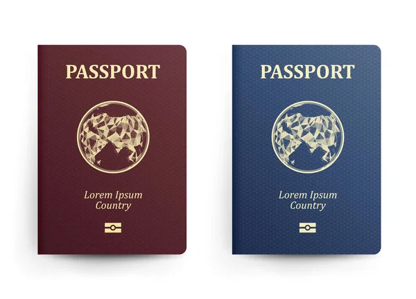 Διαβατήριο με χάρτη. Ασία. Ρεαλιστική διανυσματικά εικονογράφηση. Κόκκινο και μπλε διαβατήρια με την Globe. Έγγραφο διεθνούς αναγνώρισης. Μπροστινό κάλυμμα. Απομονωμένη — Διανυσματικό Αρχείο