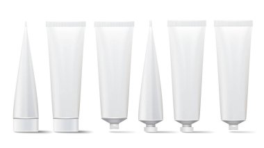 Kozmetik tüp Set. Vektör sahte. Kozmetik, krem, Yapıştır diş, beyaz plastik tüpler açık tutkal ve Set paketleme gerçekçi illüstrasyon kapalı. İzole