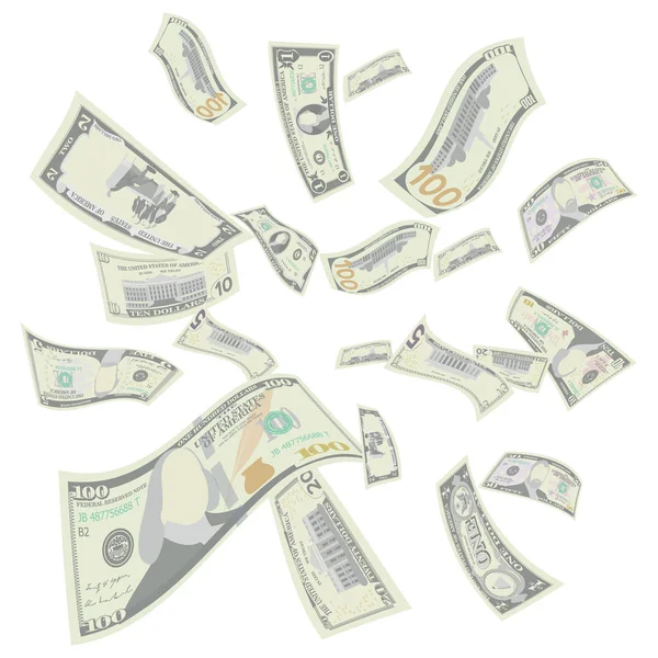 Летающий вектор доллара США. "Detailed Falling US Cartoon Money Bills". Падение финансирования всех деноминаций в воздухе, изолированных на белой иллюстрации — стоковый вектор