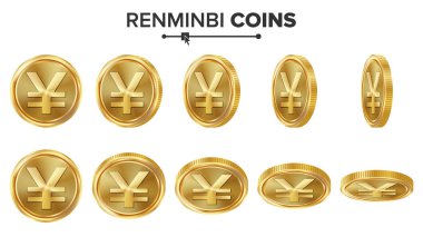 Renminbi 3d altın sikke vektör kümesi. Gerçekçi illüstrasyon. Farklı açılardan çevir. Para ön yüzü. Yatırım kavramı. Madeni para simgeleri finans, para sembol bankacılık başarı imzala. Beyaz izole para birimi