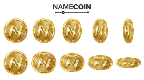 Namecoin 3d altın sikke vektör kümesi. Gerçekçi. Farklı açılardan çevir. Dijital para para. Yatırım kavramı. Şifreleme Finans para simgeleri, işareti. Fintech Blockchain. Beyaz izole para birimi — Stok Vektör