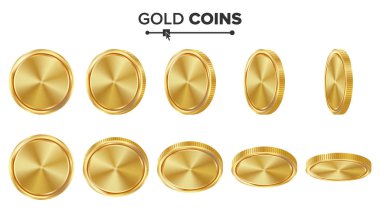 Boş altın sikke vektör kümesi. Gerçekçi şablon çizimi. Farklı açılardan çevir. Boş para ön yüzü. Yatırım kavramı. Finans sikke simge, işareti, para sembol bankacılık başarı. İzole para birimi