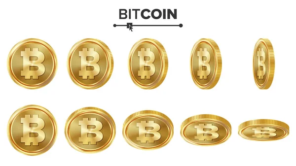 Bitcoin 3D Gold Coins Vector Set. Реалистично. Перевернуть разные углы. Электронные валютные деньги. Концепция инвестиций. Криптография Финансовые иконы монет, подпись. Финтех-цепочка. Валюта изолирована от белого — стоковый вектор