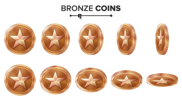 Jeu 3D Bronze Coin vecteur avec étoile. Retournez différents angles. Réalisation Icônes de pièce, signe, succès, gagnant, bonus, symbole de trésorerie. Illustration Isolé sur blanc. Pour interface Web, jeu ou application . — Image vectorielle