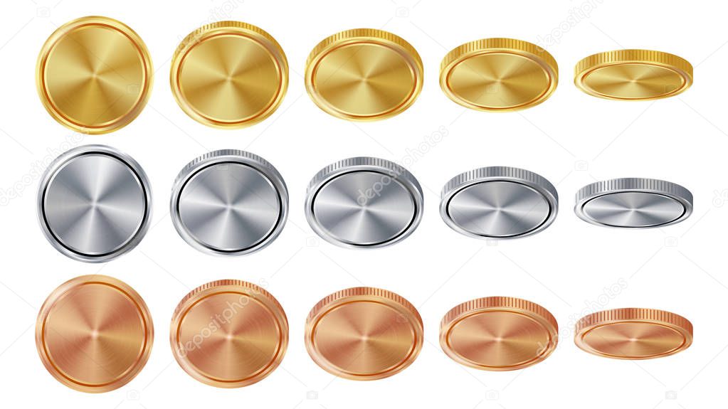 Empty 3D Gold, Silver, Bronze Coins Vector Blank Set. Realistic Template. Flip Different Angles. Investment, Web, Game App Interface Concept. Coin Icon, Sign, Banking Cash Symbol. Currency Isolated