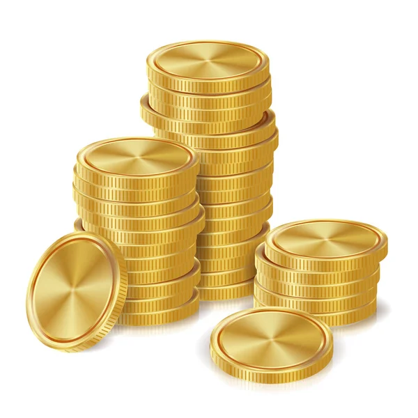 Διάνυσμα στοίβες χρυσά νομίσματα. Χρυσή οικονομικών επιτυχία εικονίδια, σημάδι, τραπεζικό χρήμα σύμβολο. Έννοια της επένδυσης. Ρεαλιστική νόμισμα απομονωμένη εικονογράφηση — Διανυσματικό Αρχείο