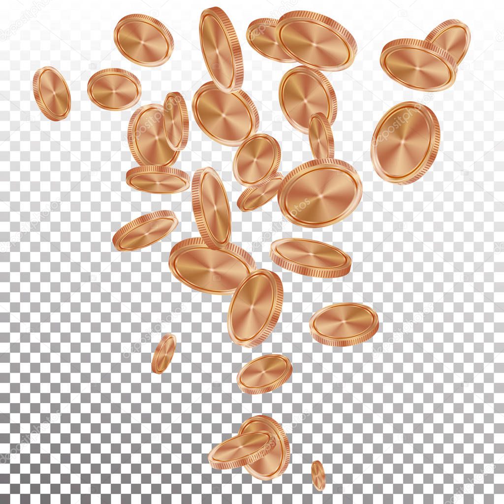Falling Bronze, Copper Coins Vector. Flying Realistic Bronze, Copper Coins Explosion. Transparent Background. Casino Prize Money Fortune Flow Jackpot.