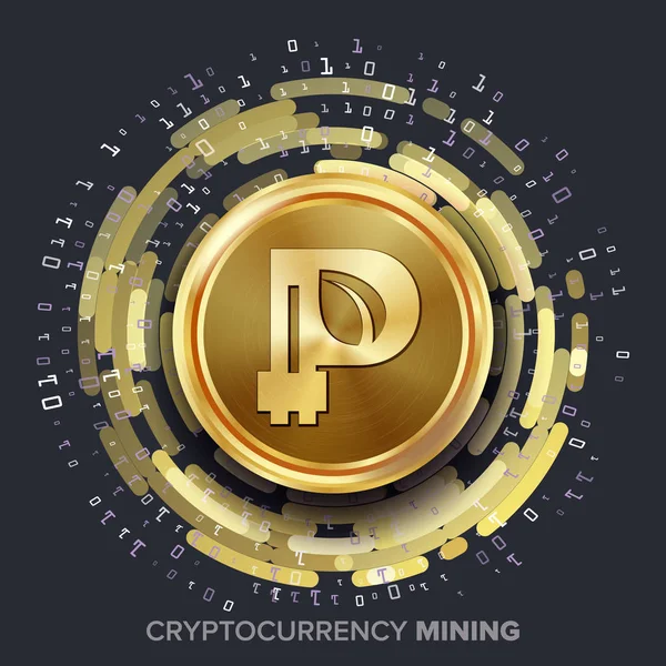 Peercoin Cryptocurrency vektör madencilik. Altın sikke, dijital akarsu. Fütüristik para. Fintech Blockchain. İşleme ikili veri dizileri işlemi. Şifreleme, finans teknolojileri illüstrasyon — Stok Vektör