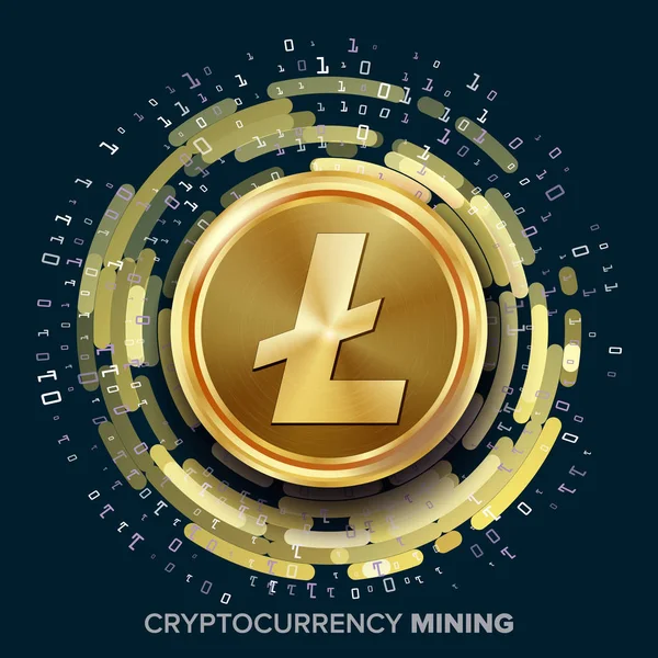 Mining Litecoin Cryptocurrency Vector. Golden Coin, Digital Stream. Futuristic Money. Fintech Blockchain. Processing Binary Data Arrays Operation. Cryptography, Financial Technology Illustration — Stock Vector
