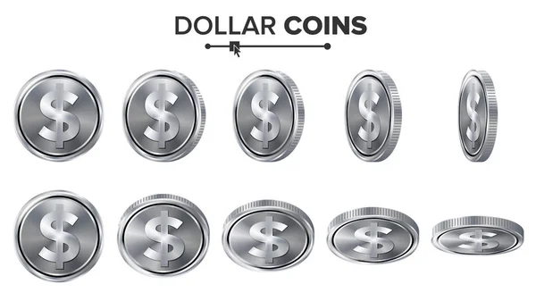 Dinero. Dollar 3D Silver Coins Vector Set. Ilustración realista. Voltear diferentes ángulos. Money Front Side. Concepto de inversión. Finanzas Iconos de moneda, signo, éxito Banca Símbolo de efectivo. Moneda aislada — Vector de stock