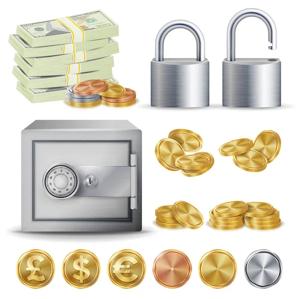 Finance säkert koncept vektor. Guld, Silver, koppar metall mynt Blank, pengar sedlar stackar, hänglås, värdeskåp. Dollar, Euro, Gbp Business Investment Illustration isolerade — Stock vektor