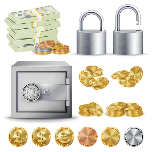 Finance Secure Concept Vector. Gold, Silver, Copper Metal Coins Blank, Money Banknotes Stacks, Padlock, Safe. Dollar, Euro, GBP Business Investment Illustration Isolated — Stock Vector