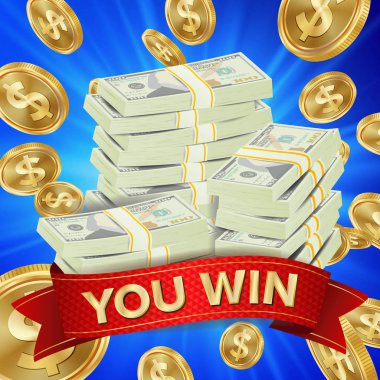 Büyük galibi arka plan vektör. Altın ikramiye illüstrasyon. Büyük kazan Banner. Online Casino için oyun kartları, slot, rulet. Para banknot yığınları