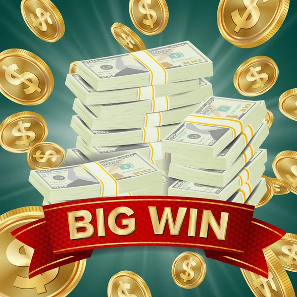 Big Winner Poster Vector. You Win. Falling Explosion Golden Coins. Dollars Money Banknotes Stacks — Stock Vector