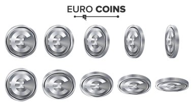 Para. Euro 3D gümüş sikke vektör ayarla. Gerçekçi illüstrasyon. Farklı açılardan çevir. Para ön yüzü. Yatırım kavramı. Finans para simgeleri, işareti, para sembol bankacılık başarı. İzole para birimi