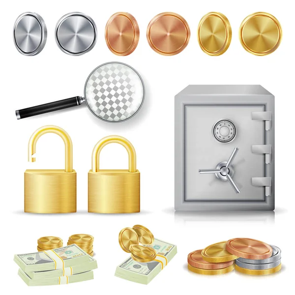 Money Secure Concept Vector. Or, argent, pièces en métal cuivré, billets de banque empilés, cadenas de chiffrement, coffre-fort, loupe réaliste . — Image vectorielle