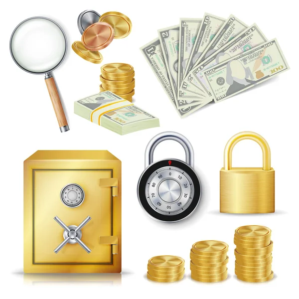 Вектор концепції грошового забезпечення. Золоті металеві монети, грошові банкноти, блокування шифрування, безпечне, реалістичне магічне скло. Комерційна інвестиційна ілюстрація ізольована на білому тлі — стоковий вектор