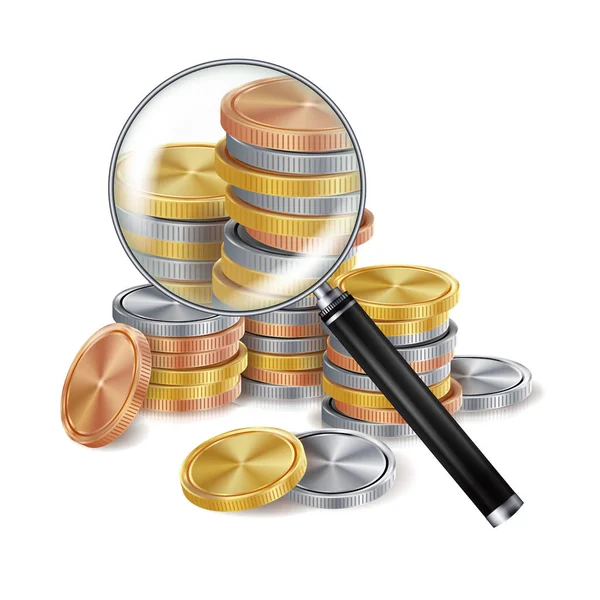 Lupe und Münzvektor. Metallmünzen. Erfolg finanziert Bankgeschäft — Stockvektor