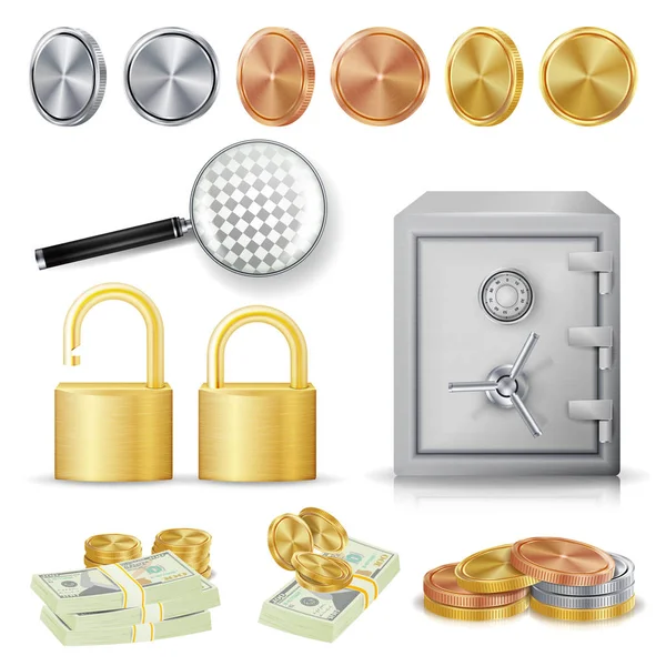 Money Secure Concept Vector. Gold, Silver, Copper Metal Coins, Money Banknotes Stacks, Encryption Padlock, Safe, Realistic Magnifying Glass. — Stock Vector