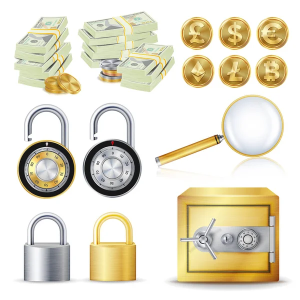 Finance Secure Concept Vector. Gold Coins, Money Banknotes Stacks, Encryption Padlock, Safe, Magnifying Glass. Dollar, Euro, GBP, Bitcoin, Litecoin, Etherum. Banking Illustration Isolated On White — Stock Vector