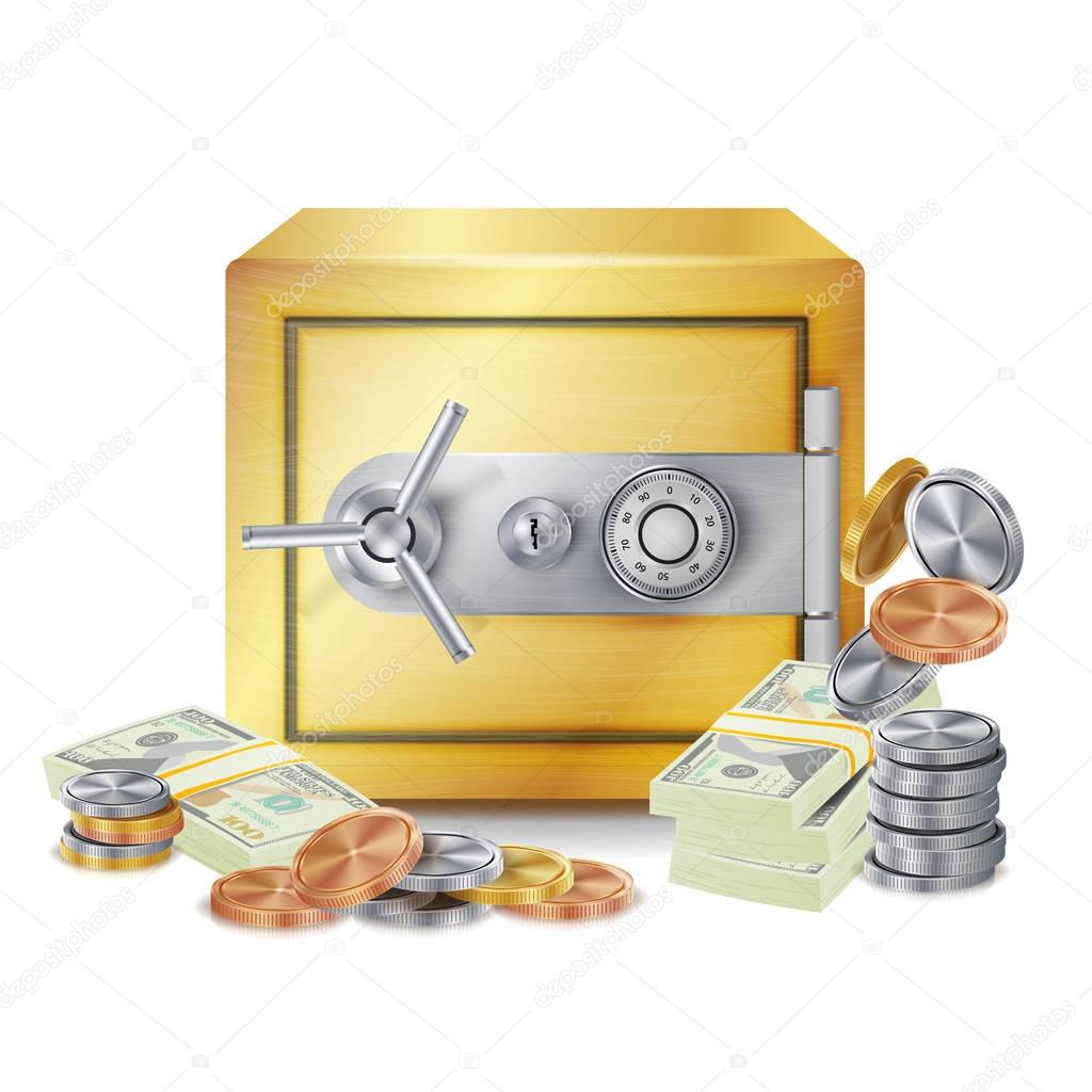 Safe And Money Stacks Vector. Safe, Coins And Dollar Banknotes Stacks Isolated Illustration. Finance Banking Concept