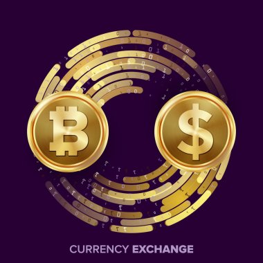 Dijital para para Satım vektör. Bitcoin dolar. Fintech Blockchain. Dijital akımı ile altın sikke. Şifreleme. Dönüşüm ticari işlem. İş yatırım. Mali illüstrasyon