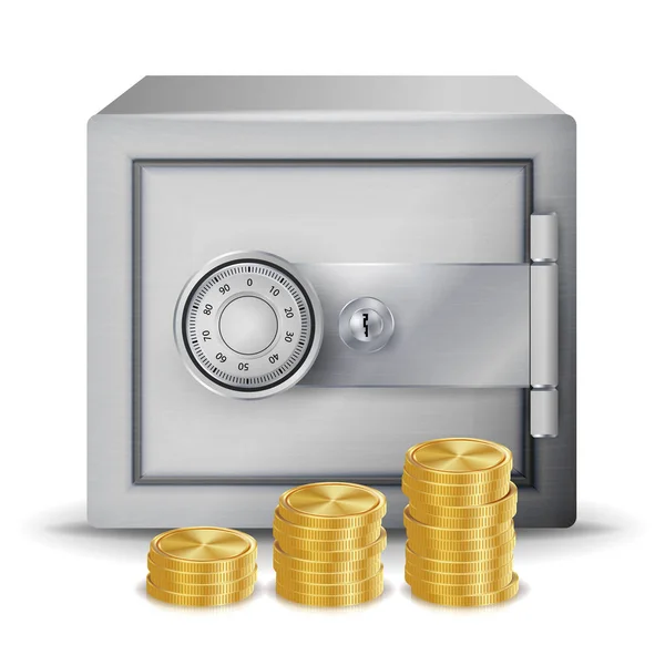 Χάλυβα ασφαλείας έννοια διάνυσμα. Μεταλλικά ασφαλή, νομίσματα και τραπεζογραμμάτια στοίβες χρήματα απομονωμένες εικονογράφηση. Χρηματοδότηση εικονίδια, σημάδι, τραπεζικό χρήμα σύμβολο επιτυχίας — Διανυσματικό Αρχείο