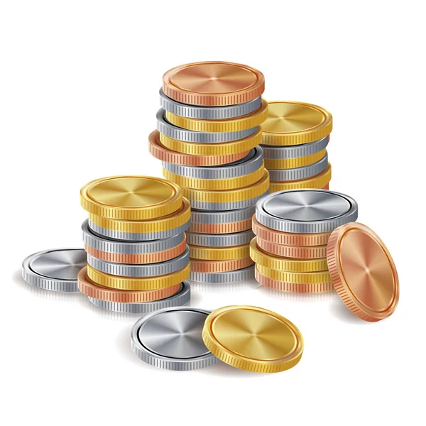 Guld, Silver, brons, koppar mynt stackar vektor. Gyllene Finance ikoner, tecken, framgång Banking Cash Symbol. Realistisk isolerade Illustration — Stock vektor