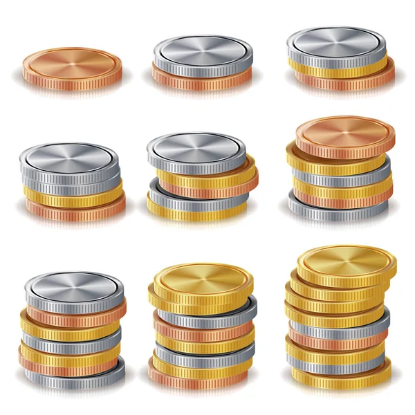 Oro, Plata, Bronce, Monedas de Cobre Pilas Vector. Ilustración aislada realista — Vector de stock