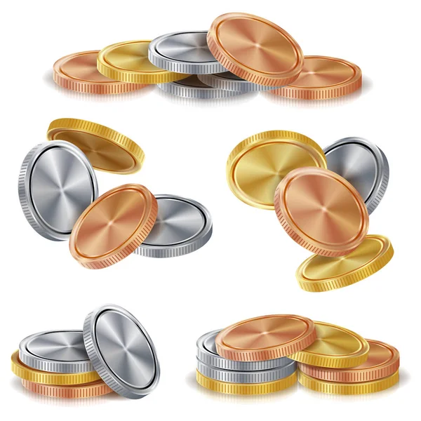 Ouro, Prata, Bronze, Moedas de Cobre Stacks Vector. Ilustração isolada realista — Vetor de Stock