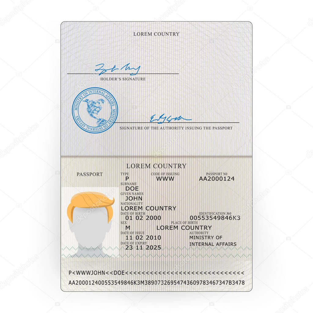 International Passport Vector. Sample Personal Data Page. International Identification Document.