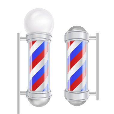 Berber Dükkanı Pole vektör. Kırmızı, mavi, beyaz çizgili. Marka, reklam tasarım, aferin. İzole illüstrasyon