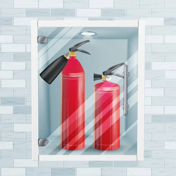 Extintor de fogo vermelho em Wall Niche Vector. Ilustração de extintor de fogo vermelho realista 3D Glossiness Metal — Vetor de Stock