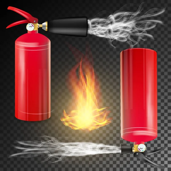 Red Fire Extinguisher Vector. Fire Flame Sign And Metal Red Fire Extinguisher. Transparent Background — Stock Vector