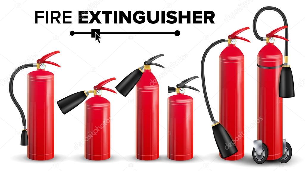 Fire Extinguisher Set Vector. Different Types. Metal Glossiness 3D Realistic Red Fire Extinguisher Isolated Illustration