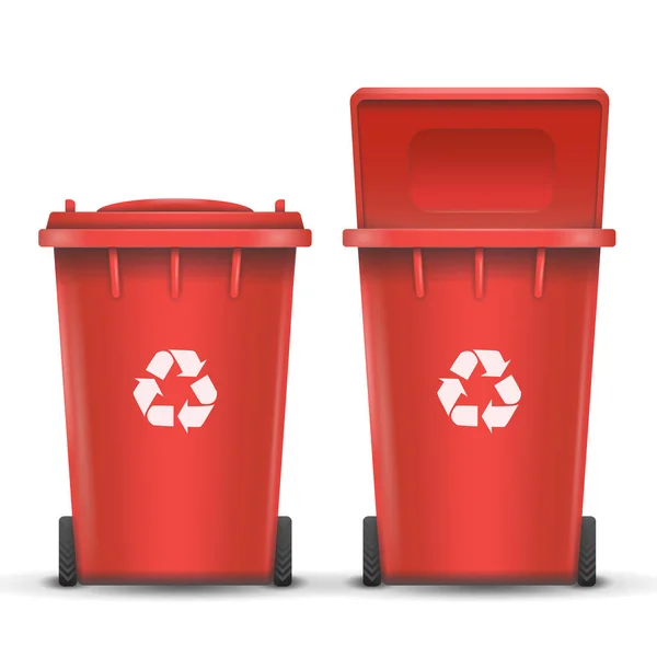 Red Recycling Bin Bucket Vector For Metal Trash. Aberto e fechado. Vista frontal. Assine o Arrow. Ilustração isolada —  Vetores de Stock