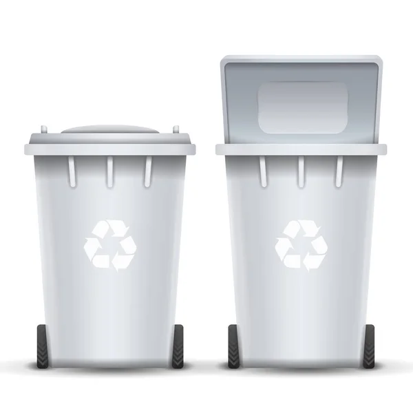 Weißer Recycling-Eimer-Vektor für Müll. geöffnet und geschlossen. Frontansicht. Zeichenpfeil. Vereinzelte Illustration — Stockvektor