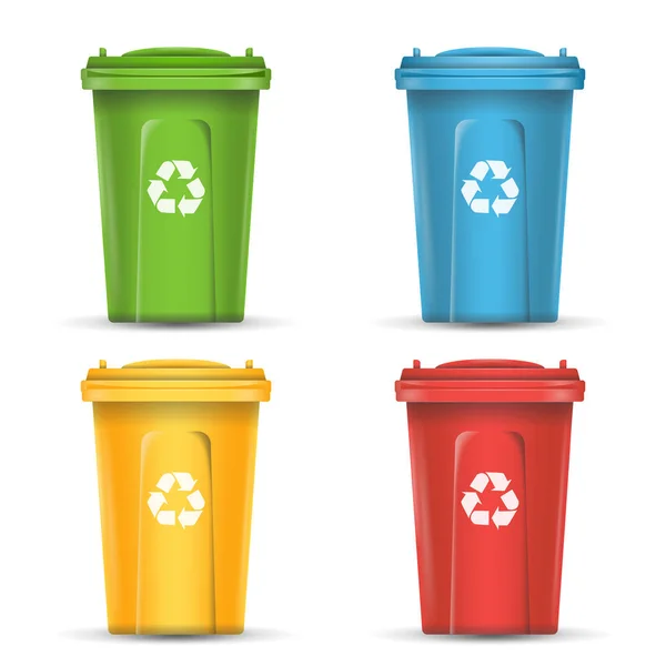 Recipientes realistas para reciclar vectores de clasificación de residuos. Conjunto de cubos rojos, verdes, azules y amarillos . — Vector de stock