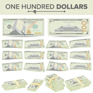 100 dolarlık banknot vektör. Bize para birimi karikatür. İki yüz ABD'li para Bill illüstrasyon izole. Nakit 100 dolar yığınları sembolü