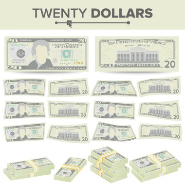 20 dolarlık banknot vektör. Bize para birimi karikatür. Yirmi Amerikan para Bill iki yüzü illüstrasyon izole. Nakit 20 dolar yığınları sembolü