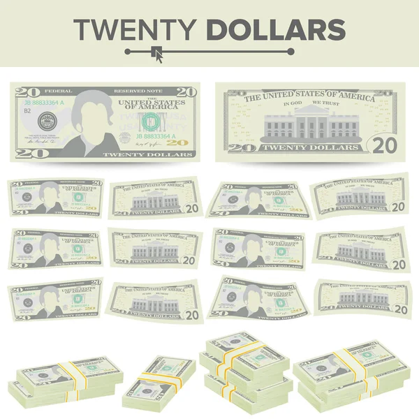 Vecteur de billets de 20 dollars. Dessin animé US Monnaie. Two Sides Of Twenty American Money Bill Isolated Illustration. Symbole de trésorerie 20 Dollars Stacks — Image vectorielle