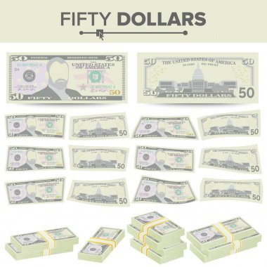 50 Doları banknot vektör. Bize para birimi karikatür. Elli Amerikan para Bill iki yüzü illüstrasyon izole. Nakit 50 dolar yığınları sembolü