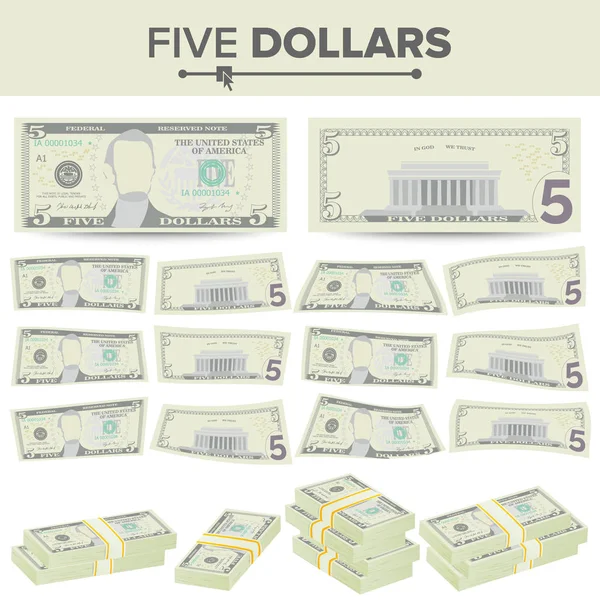 5 Dollari Vettore di banconote. Cartone animato Valuta USA. Due lati di cinque banconote americane Illustrazione isolata. Simbolo di contanti 5 Dollari Pile — Vettoriale Stock
