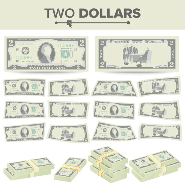 2 Dollars Banknote Vector. Cartoon US Currency. Two Sides Of Two American Money Bill Isolated Illustration. Cash Symbol 2 Dollars Stacks — Stock Vector