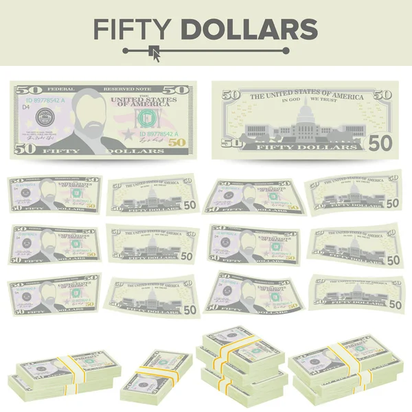 Vector de billetes de 50 dólares. Dibujos animados moneda de EE.UU.. Two Sides Of Fifty American Money Bill Ilustración aislada. Símbolo de efectivo 50 dólares pilas — Archivo Imágenes Vectoriales