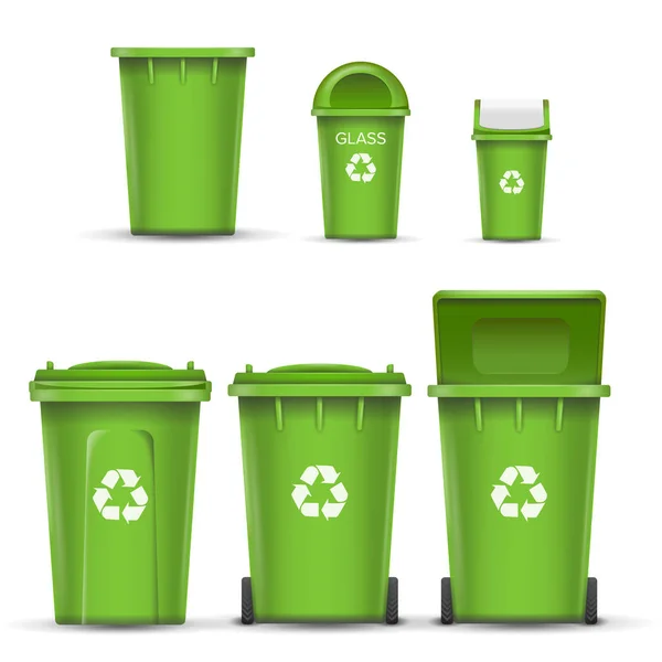 Grüne Recycling-Eimer-Vektor für Glasmüll. geöffnet und geschlossen. Frontansicht. Zeichenpfeil. Vereinzelte Illustration — Stockvektor