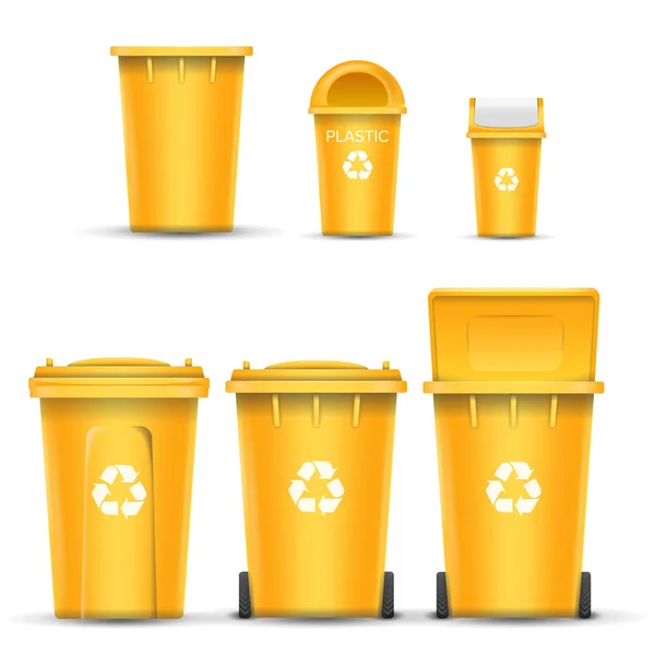 Yellow Recycling Bin Bucket Vector For Plastic Trash. Opened And Closed. Front View. Sign Arrow. Isolated Illustration — Stock Vector