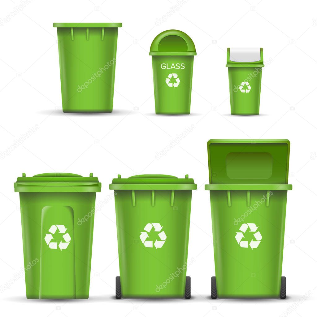 Green Recycling Bin Bucket Vector For Glass Trash. Opened And Closed. Front View. Sign Arrow. Isolated Illustration