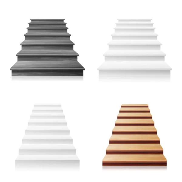 Trap Vector Set. Witte, houten donkere. 3D-realistische afbeelding. Vooraanzicht van schone witte lege trap Vector. Succes vooruitgang bedrijfsconcept. Geïsoleerd — Stockvector