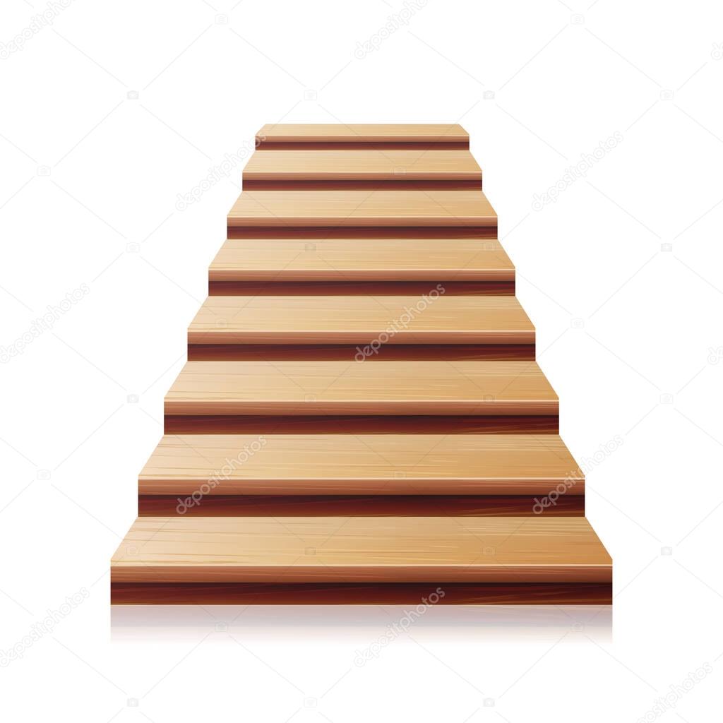 Wooden Staircase Vector. 3D Realistic Illustration. Front View. Isolated On White
